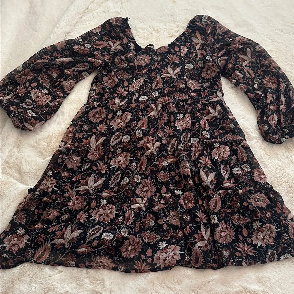 Madewell Black Floral Puff-Sleeve Dress with Pink, Maroon and Cream Blooms, 12 - Picture 13 of 16